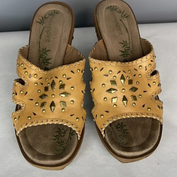 EASY SPIRIT Melinka Sandals Tan Cutout Leather Slide Brass Platform Size 7.5 - Picture 4 of 10